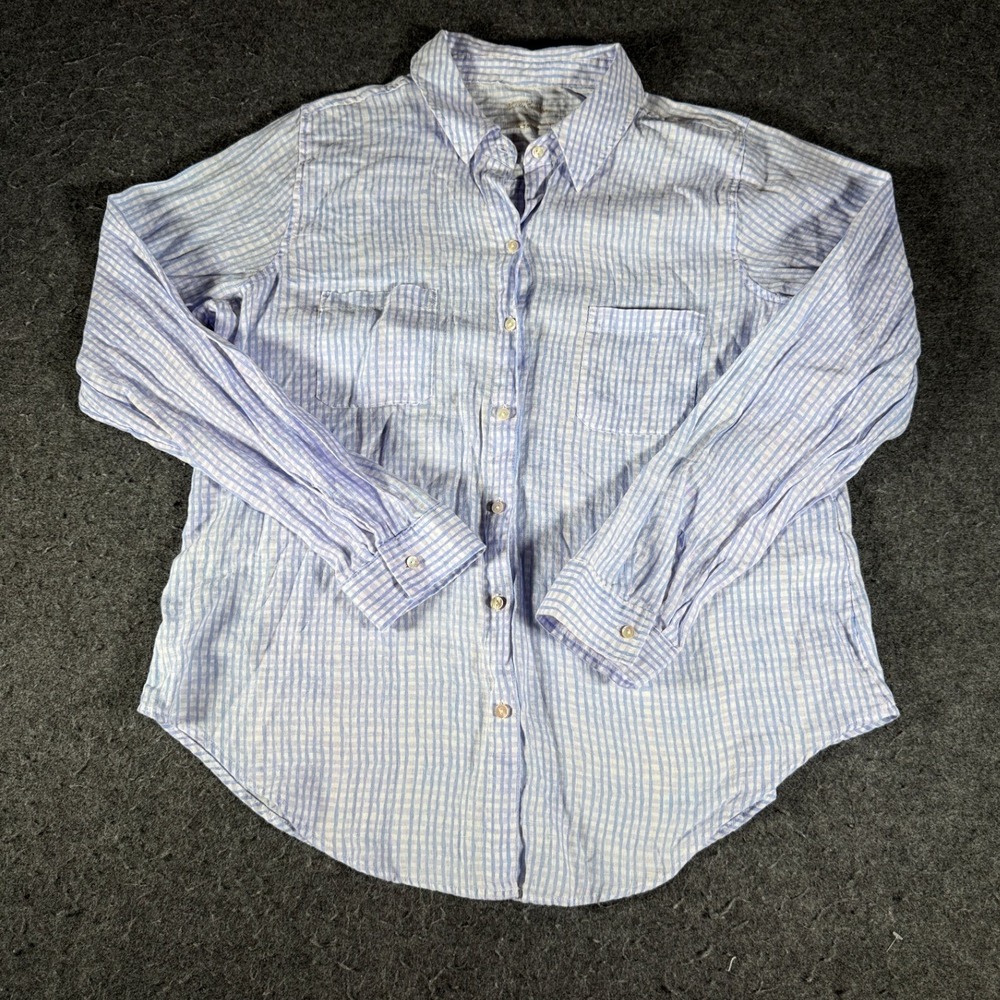 Lilly Pulitzer Womens Large Blue White Gingham 100% Linen Button Down Shirt